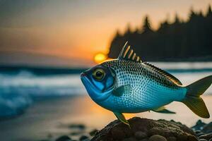 un' pesce è in piedi su il spiaggia a tramonto. ai-generato foto