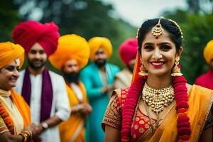 un' sposa nel tradizionale indiano abbigliamento con sua famiglia. ai-generato foto