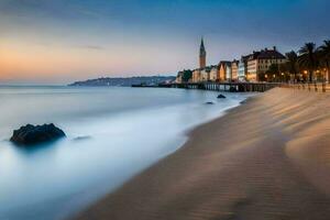 un' lungo esposizione fotografia di un' spiaggia a tramonto. ai-generato foto