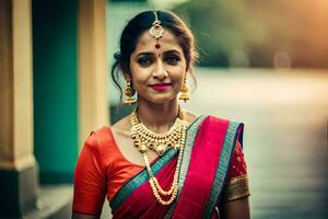 un' donna nel un' rosso sari con oro gioielleria. ai-generato foto
