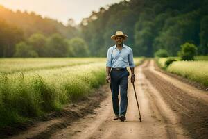 un' uomo con un' canna a piedi giù un' sporco strada. ai-generato foto