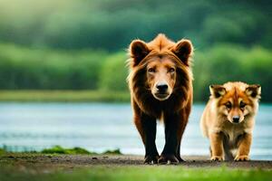 Due Marrone cani a piedi lungo un' sentiero vicino un' lago. ai-generato foto