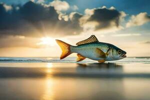 un' pesce è in piedi su il spiaggia a tramonto. ai-generato foto