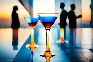 Due Martini bicchieri con colorato bevande su un' tavolo. ai-generato foto