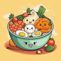 cartone animato giapponese cibo. divertente kawaii personaggi asiatico cibo. ai generativo foto