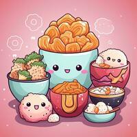 cartone animato giapponese cibo. divertente kawaii personaggi asiatico cibo. ai generativo foto