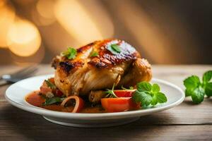un' pollo Seno su un' piatto con pomodori e erbe aromatiche. ai-generato foto