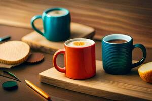 Due caffè tazze sedersi su un' di legno taglio tavola. ai-generato foto