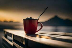 un' rosso tazza di caldo cioccolato su un' di legno panca. ai-generato foto