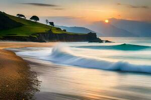 un' bellissimo spiaggia con onde e erboso colline a tramonto. ai-generato foto