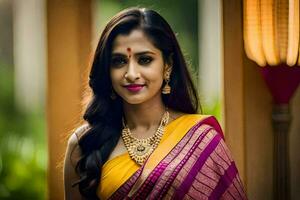 un' bellissimo indiano donna nel un' colorato sari. ai-generato foto
