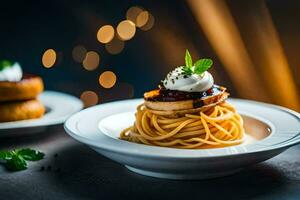 spaghetti con funghi e crema su un' piatto. ai-generato foto