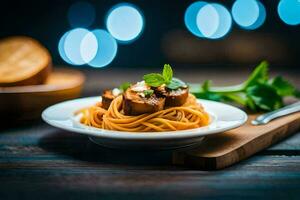 spaghetti con carne e formaggio su un' piatto. ai-generato foto