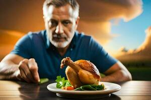 un' uomo è mangiare un' pollo su un' piatto. ai-generato foto