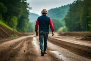 uomo a piedi su sporco strada nel il foresta. ai-generato foto