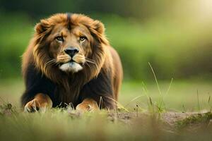 un' Leone è seduta nel il erba. ai-generato foto