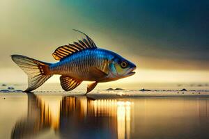 un' pesce è in piedi su il spiaggia a tramonto. ai-generato foto