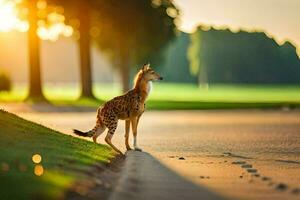 un' ghepardo è in piedi su il strada a tramonto. ai-generato foto