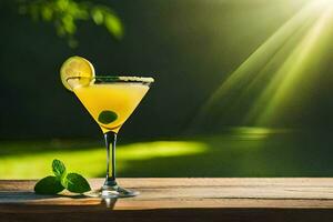 un' cocktail con Limone e menta su un' di legno tavolo. ai-generato foto