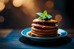 pila di Pancakes con mirtilli e menta su un' blu piatto. ai-generato foto