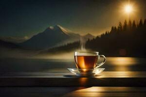 un' tazza di tè su un' di legno tavolo nel davanti di un' lago e montagne. ai-generato foto