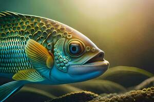 un' pesce con un' luminosa blu e verde corpo. ai-generato foto