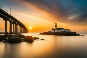 un' faro e ponte a tramonto. ai-generato foto