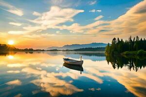 un' barca è galleggiante su un' lago a tramonto. ai-generato foto