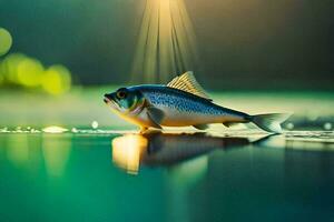 un' pesce è in piedi su il acqua con luce del sole splendente. ai-generato foto