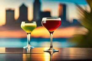 Due bicchieri di bevande con città orizzonte nel il sfondo. ai-generato foto