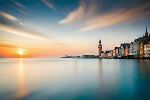 il sole imposta al di sopra di un' città e un' orologio Torre. ai-generato foto