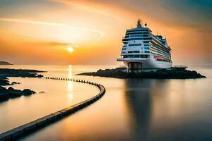 un' crociera nave nel il oceano a tramonto. ai-generato foto