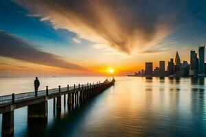 un' uomo sta su un' molo guardare a il tramonto. ai-generato foto