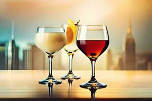 tre bicchieri di vino su un' tavolo con paesaggio urbano nel il sfondo. ai-generato foto