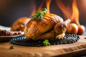 un' arrostito pollo su un' di legno taglio tavola con un' salsa. ai-generato foto