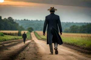 un' uomo nel un' lungo cappotto passeggiate giù un' sporco strada. ai-generato foto