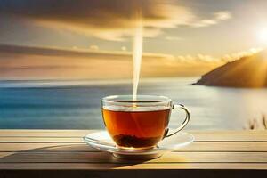 un' tazza di tè su il terrazza. ai-generato foto