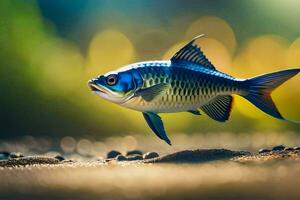 un' pesce è in piedi su il terra con un' sfocato sfondo. ai-generato foto