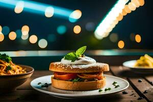 un' Sandwich con pomodoro, lattuga e crema su un' piatto. ai-generato foto