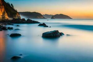 un' lungo esposizione fotografia di rocce su il spiaggia a tramonto. ai-generato foto