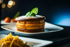 un' pila di Pancakes su un' piatto con un' forchetta. ai-generato foto