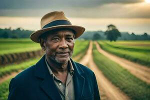 un' uomo nel un' cappello in piedi nel un' campo. ai-generato foto