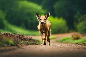 un' cane a piedi giù un' sporco strada nel il mezzo di un' foresta. ai-generato foto