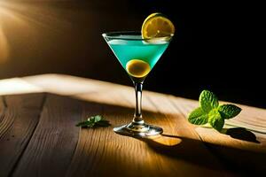blu cocktail con Limone e menta su un' di legno tavolo. ai-generato foto