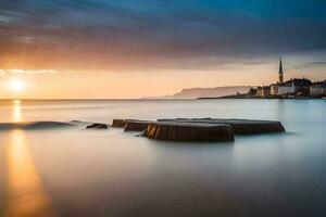 un' lungo esposizione fotografia di un' tramonto al di sopra di il oceano. ai-generato foto