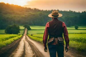 un' uomo nel un' cappello e veste a piedi giù un' sporco strada. ai-generato foto