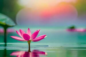 un' rosa loto fiore nel il acqua con un' luminosa sole. ai-generato foto
