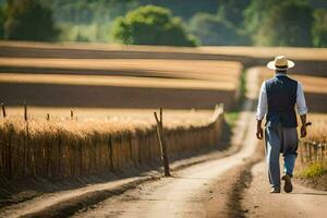 un' uomo nel un' cappello e completo da uomo a piedi giù un' sporco strada. ai-generato foto