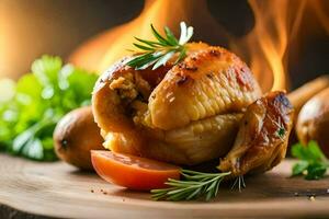 un' pollo con patate e pomodori su un' di legno tavola. ai-generato foto