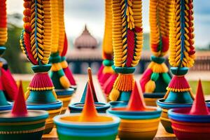 colorato pentole sospeso a partire dal un' corda nel davanti di un' tempio. ai-generato foto